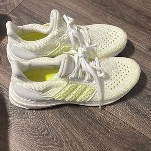 Adidas ultraboost in white with bright green/yellow accent